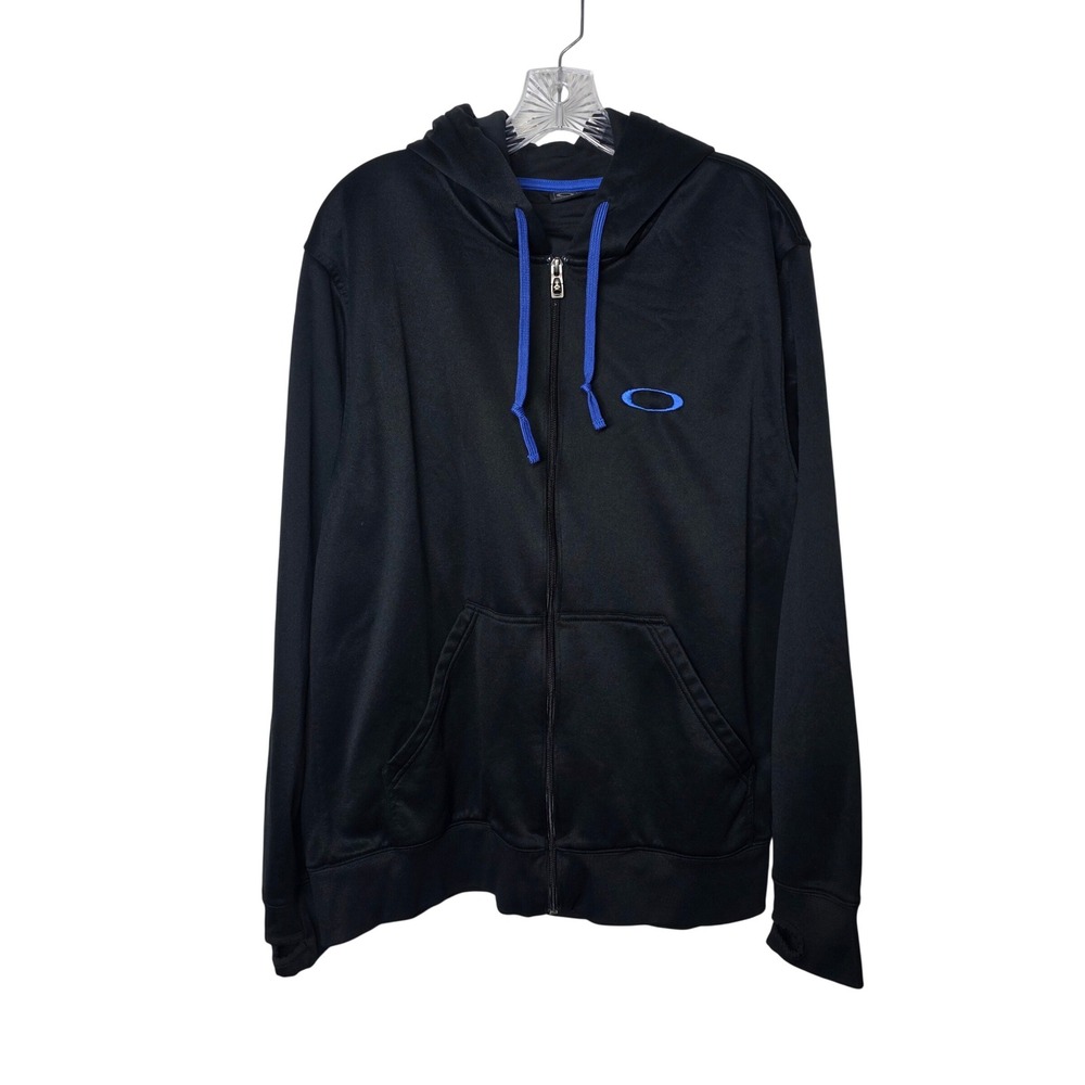 Oakley Mens Full Zip Hoodie Large Black Blue Logo Performance Fleece Sweatshirt